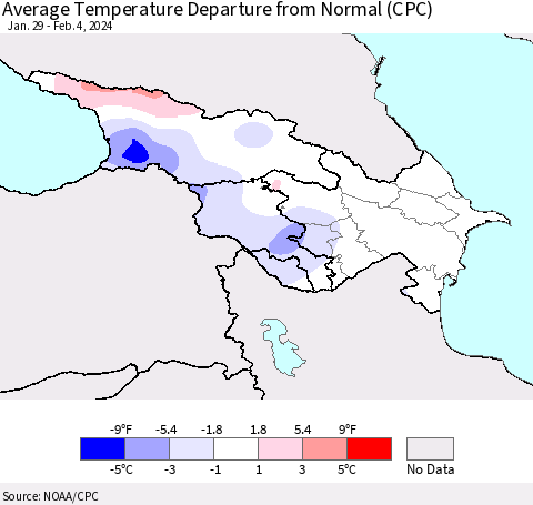Azerbaijan, Armenia and Georgia Average Temperature Departure from Normal (CPC) Thematic Map For 1/29/2024 - 2/4/2024