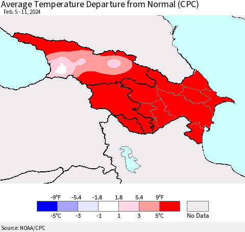 Azerbaijan, Armenia and Georgia Average Temperature Departure from Normal (CPC) Thematic Map For 2/5/2024 - 2/11/2024
