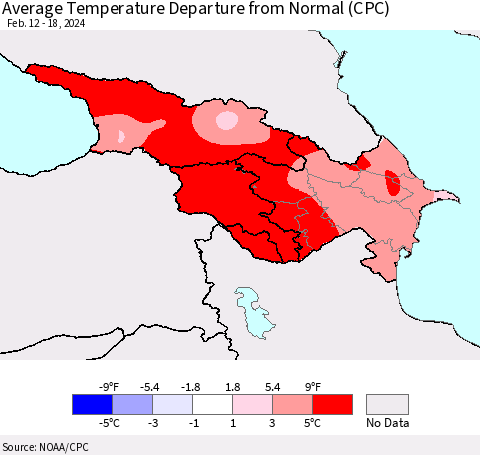 Azerbaijan, Armenia and Georgia Average Temperature Departure from Normal (CPC) Thematic Map For 2/12/2024 - 2/18/2024