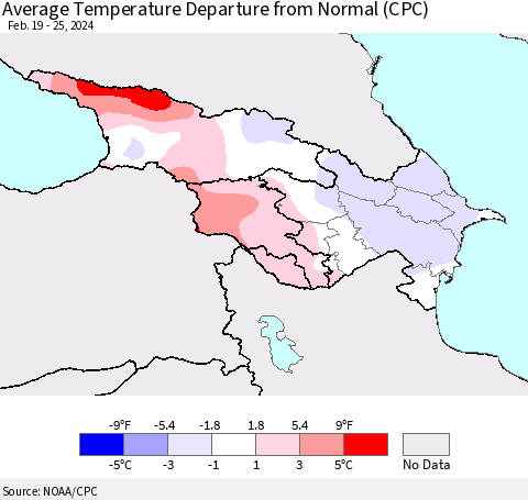 Azerbaijan, Armenia and Georgia Average Temperature Departure from Normal (CPC) Thematic Map For 2/19/2024 - 2/25/2024