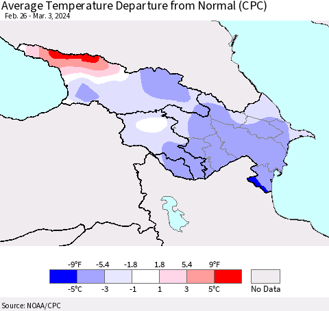 Azerbaijan, Armenia and Georgia Average Temperature Departure from Normal (CPC) Thematic Map For 2/26/2024 - 3/3/2024