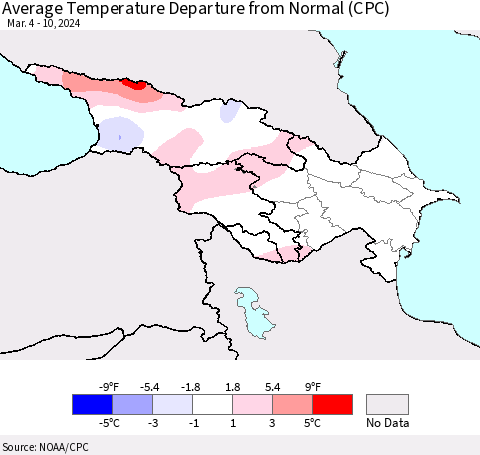 Azerbaijan, Armenia and Georgia Average Temperature Departure from Normal (CPC) Thematic Map For 3/4/2024 - 3/10/2024