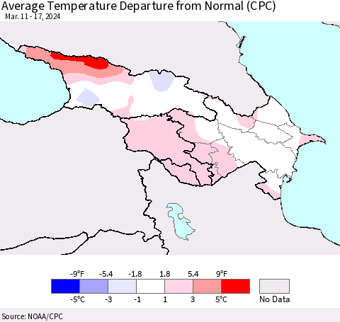 Azerbaijan, Armenia and Georgia Average Temperature Departure from Normal (CPC) Thematic Map For 3/11/2024 - 3/17/2024