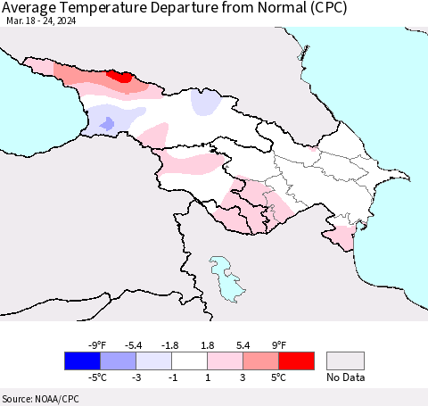 Azerbaijan, Armenia and Georgia Average Temperature Departure from Normal (CPC) Thematic Map For 3/18/2024 - 3/24/2024