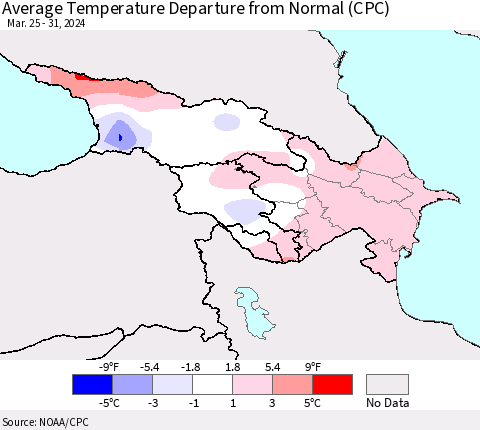 Azerbaijan, Armenia and Georgia Average Temperature Departure from Normal (CPC) Thematic Map For 3/25/2024 - 3/31/2024