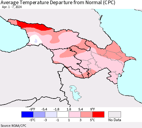 Azerbaijan, Armenia and Georgia Average Temperature Departure from Normal (CPC) Thematic Map For 4/1/2024 - 4/7/2024
