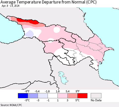 Azerbaijan, Armenia and Georgia Average Temperature Departure from Normal (CPC) Thematic Map For 4/8/2024 - 4/14/2024