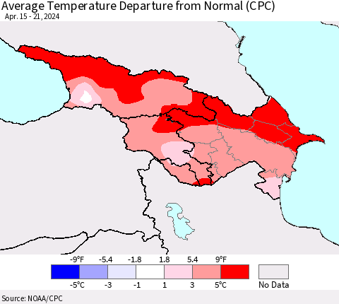 Azerbaijan, Armenia and Georgia Average Temperature Departure from Normal (CPC) Thematic Map For 4/15/2024 - 4/21/2024