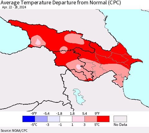 Azerbaijan, Armenia and Georgia Average Temperature Departure from Normal (CPC) Thematic Map For 4/22/2024 - 4/28/2024