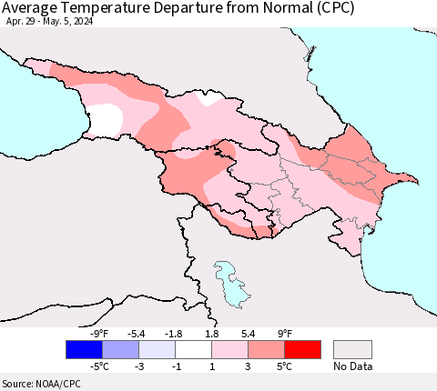 Azerbaijan, Armenia and Georgia Average Temperature Departure from Normal (CPC) Thematic Map For 4/29/2024 - 5/5/2024