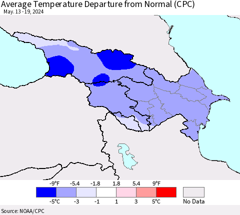 Azerbaijan, Armenia and Georgia Average Temperature Departure from Normal (CPC) Thematic Map For 5/13/2024 - 5/19/2024