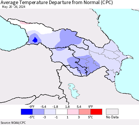 Azerbaijan, Armenia and Georgia Average Temperature Departure from Normal (CPC) Thematic Map For 5/20/2024 - 5/26/2024