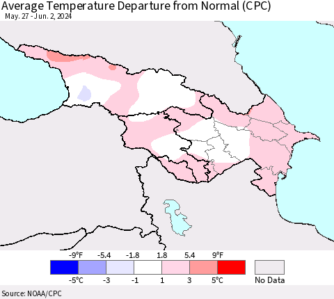 Azerbaijan, Armenia and Georgia Average Temperature Departure from Normal (CPC) Thematic Map For 5/27/2024 - 6/2/2024