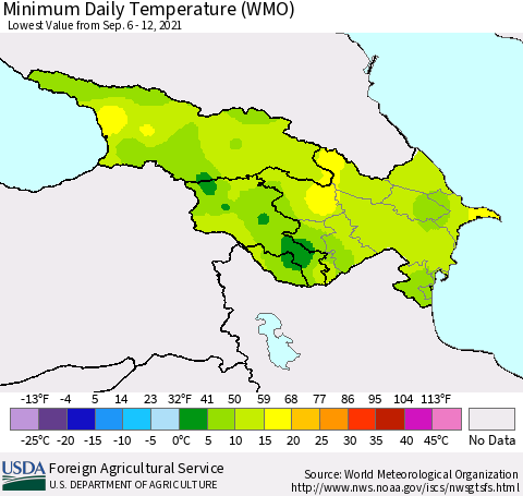 Azerbaijan, Armenia and Georgia Minimum Daily Temperature (WMO) Thematic Map For 9/6/2021 - 9/12/2021