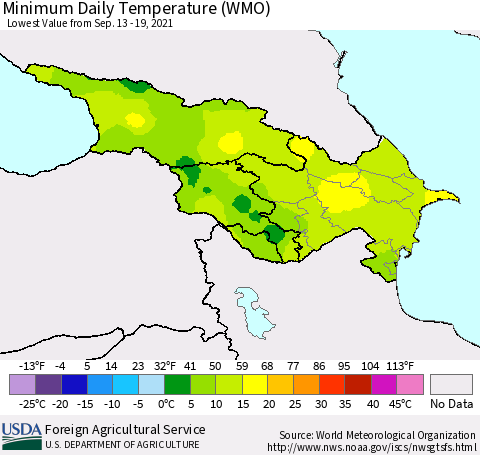 Azerbaijan, Armenia and Georgia Minimum Daily Temperature (WMO) Thematic Map For 9/13/2021 - 9/19/2021