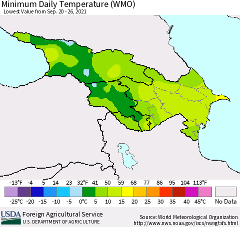 Azerbaijan, Armenia and Georgia Minimum Daily Temperature (WMO) Thematic Map For 9/20/2021 - 9/26/2021