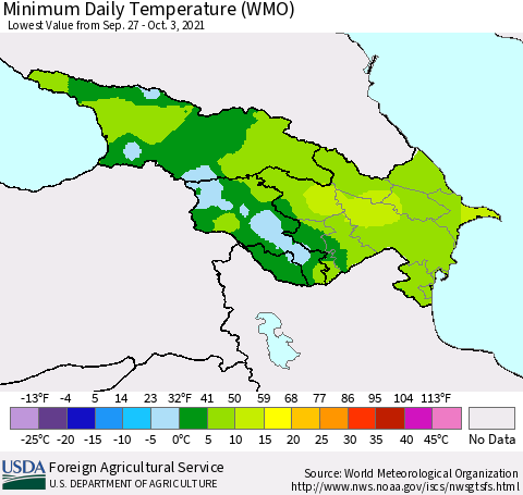 Azerbaijan, Armenia and Georgia Minimum Daily Temperature (WMO) Thematic Map For 9/27/2021 - 10/3/2021
