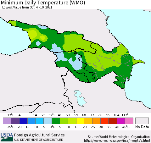 Azerbaijan, Armenia and Georgia Minimum Daily Temperature (WMO) Thematic Map For 10/4/2021 - 10/10/2021