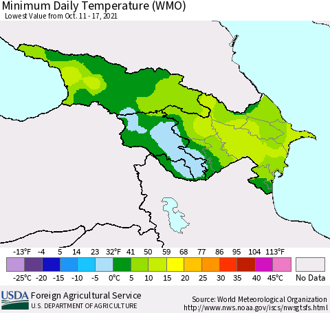 Azerbaijan, Armenia and Georgia Minimum Daily Temperature (WMO) Thematic Map For 10/11/2021 - 10/17/2021