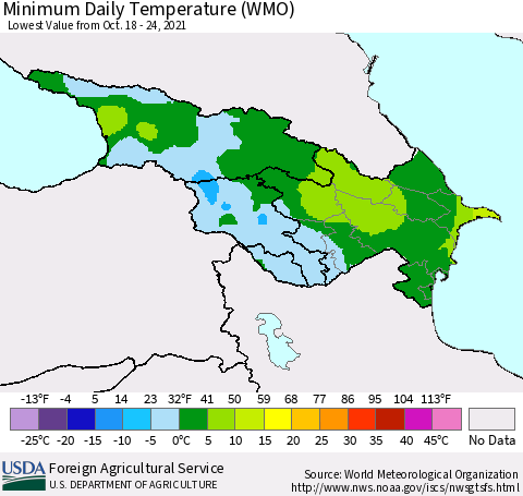 Azerbaijan, Armenia and Georgia Minimum Daily Temperature (WMO) Thematic Map For 10/18/2021 - 10/24/2021