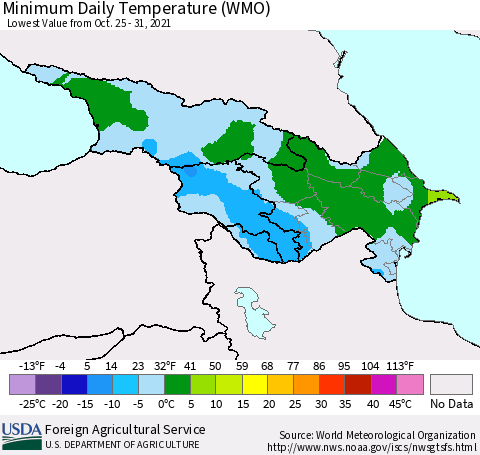 Azerbaijan, Armenia and Georgia Minimum Daily Temperature (WMO) Thematic Map For 10/25/2021 - 10/31/2021