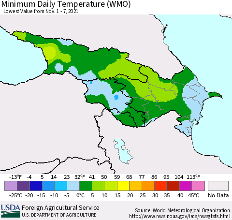 Azerbaijan, Armenia and Georgia Minimum Daily Temperature (WMO) Thematic Map For 11/1/2021 - 11/7/2021