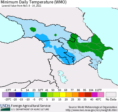 Azerbaijan, Armenia and Georgia Minimum Daily Temperature (WMO) Thematic Map For 11/8/2021 - 11/14/2021