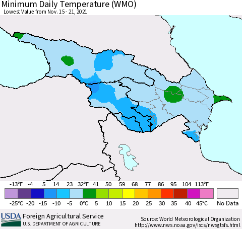 Azerbaijan, Armenia and Georgia Minimum Daily Temperature (WMO) Thematic Map For 11/15/2021 - 11/21/2021