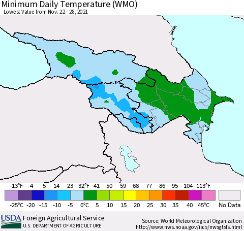 Azerbaijan, Armenia and Georgia Minimum Daily Temperature (WMO) Thematic Map For 11/22/2021 - 11/28/2021
