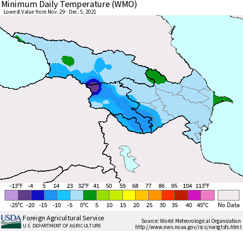 Azerbaijan, Armenia and Georgia Minimum Daily Temperature (WMO) Thematic Map For 11/29/2021 - 12/5/2021
