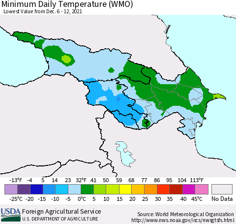 Azerbaijan, Armenia and Georgia Minimum Daily Temperature (WMO) Thematic Map For 12/6/2021 - 12/12/2021