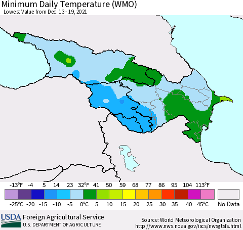 Azerbaijan, Armenia and Georgia Minimum Daily Temperature (WMO) Thematic Map For 12/13/2021 - 12/19/2021