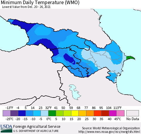 Azerbaijan, Armenia and Georgia Minimum Daily Temperature (WMO) Thematic Map For 12/20/2021 - 12/26/2021