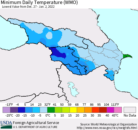 Azerbaijan, Armenia and Georgia Minimum Daily Temperature (WMO) Thematic Map For 12/27/2021 - 1/2/2022