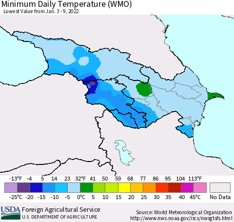 Azerbaijan, Armenia and Georgia Minimum Daily Temperature (WMO) Thematic Map For 1/3/2022 - 1/9/2022