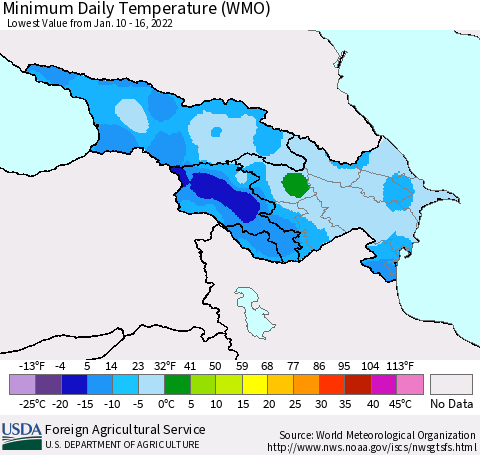 Azerbaijan, Armenia and Georgia Minimum Daily Temperature (WMO) Thematic Map For 1/10/2022 - 1/16/2022