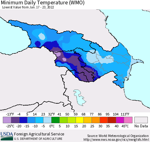 Azerbaijan, Armenia and Georgia Minimum Daily Temperature (WMO) Thematic Map For 1/17/2022 - 1/23/2022