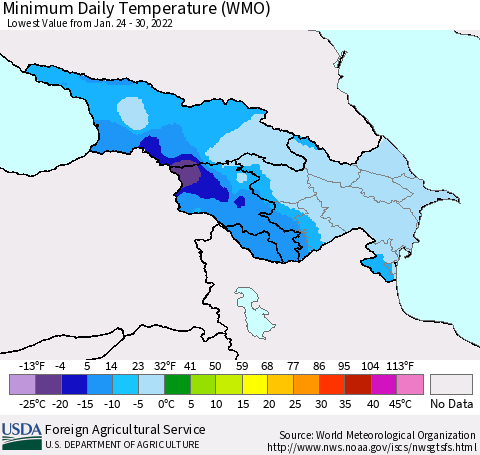 Azerbaijan, Armenia and Georgia Minimum Daily Temperature (WMO) Thematic Map For 1/24/2022 - 1/30/2022