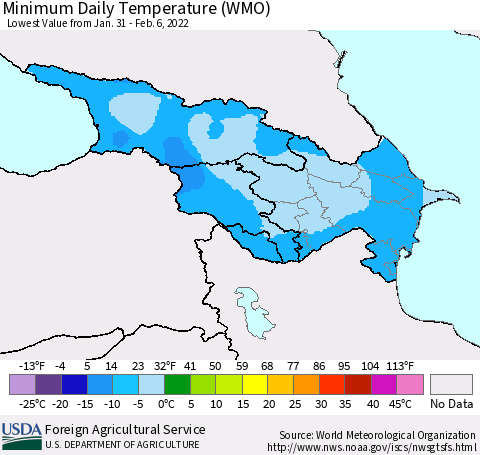Azerbaijan, Armenia and Georgia Minimum Daily Temperature (WMO) Thematic Map For 1/31/2022 - 2/6/2022