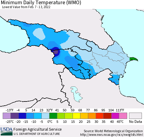 Azerbaijan, Armenia and Georgia Minimum Daily Temperature (WMO) Thematic Map For 2/7/2022 - 2/13/2022