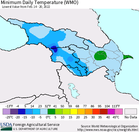 Azerbaijan, Armenia and Georgia Minimum Daily Temperature (WMO) Thematic Map For 2/14/2022 - 2/20/2022