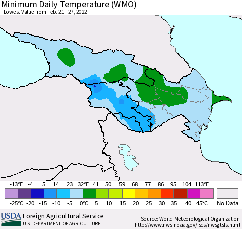 Azerbaijan, Armenia and Georgia Minimum Daily Temperature (WMO) Thematic Map For 2/21/2022 - 2/27/2022