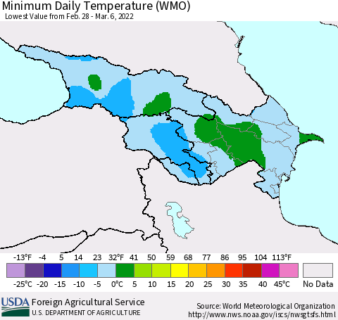 Azerbaijan, Armenia and Georgia Minimum Daily Temperature (WMO) Thematic Map For 2/28/2022 - 3/6/2022