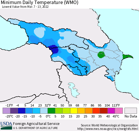 Azerbaijan, Armenia and Georgia Minimum Daily Temperature (WMO) Thematic Map For 3/7/2022 - 3/13/2022