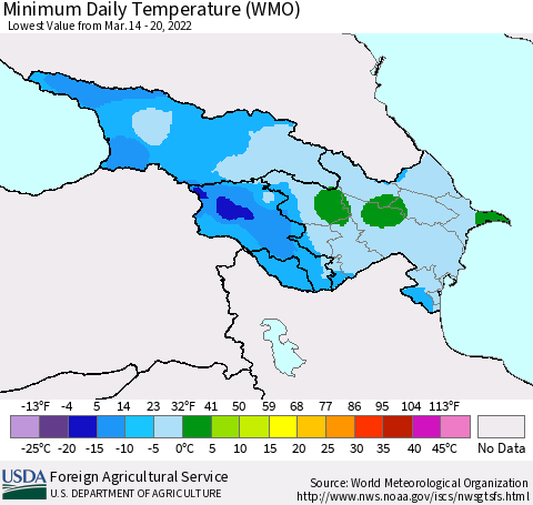 Azerbaijan, Armenia and Georgia Minimum Daily Temperature (WMO) Thematic Map For 3/14/2022 - 3/20/2022