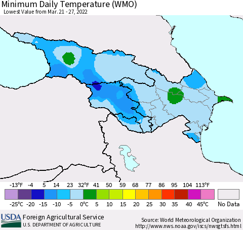 Azerbaijan, Armenia and Georgia Minimum Daily Temperature (WMO) Thematic Map For 3/21/2022 - 3/27/2022