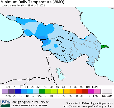 Azerbaijan, Armenia and Georgia Minimum Daily Temperature (WMO) Thematic Map For 3/28/2022 - 4/3/2022