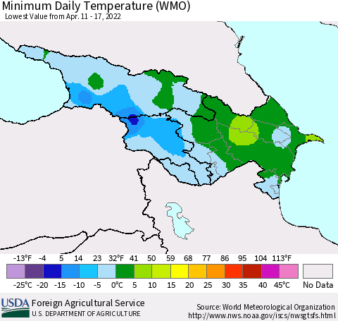 Azerbaijan, Armenia and Georgia Minimum Daily Temperature (WMO) Thematic Map For 4/11/2022 - 4/17/2022