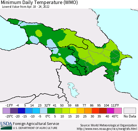 Azerbaijan, Armenia and Georgia Minimum Daily Temperature (WMO) Thematic Map For 4/18/2022 - 4/24/2022