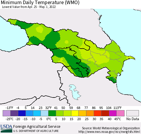 Azerbaijan, Armenia and Georgia Minimum Daily Temperature (WMO) Thematic Map For 4/25/2022 - 5/1/2022